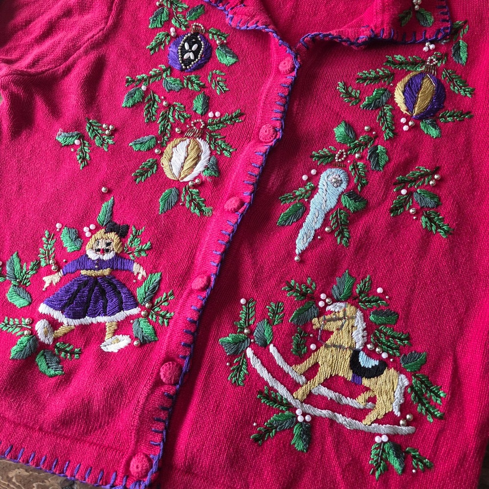 Victoria Jones Womens L‎ Christmas Cardigan Sweater Ramie Holiday Embroidered
